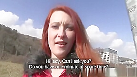 Sexy ginger babe fucks outside in public